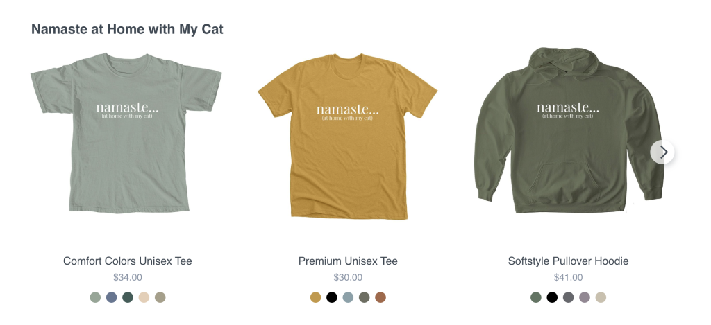 screenshot of three shirts that say namaste.. (at home with my cat)
